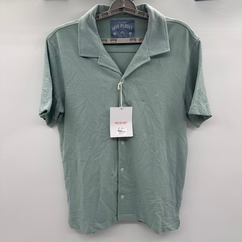 Free Planet Mens Aloe Green Textured Knit Camp Collar Shirt Men's Medium M NWT